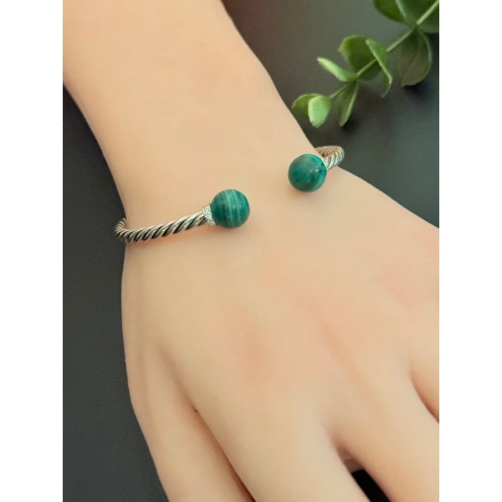 David Yurman Solari Malachite Diamond Sterling Silver Cable Bypass Bracelet M